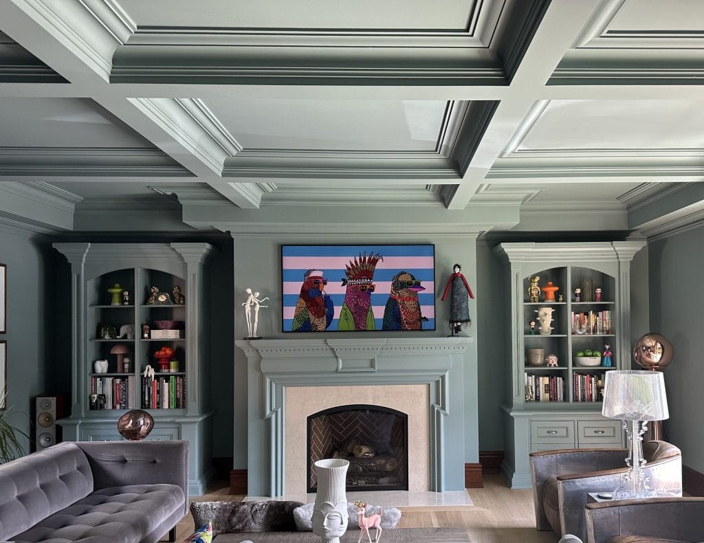 A colour drenched living room with a fireplace and bookshelves.