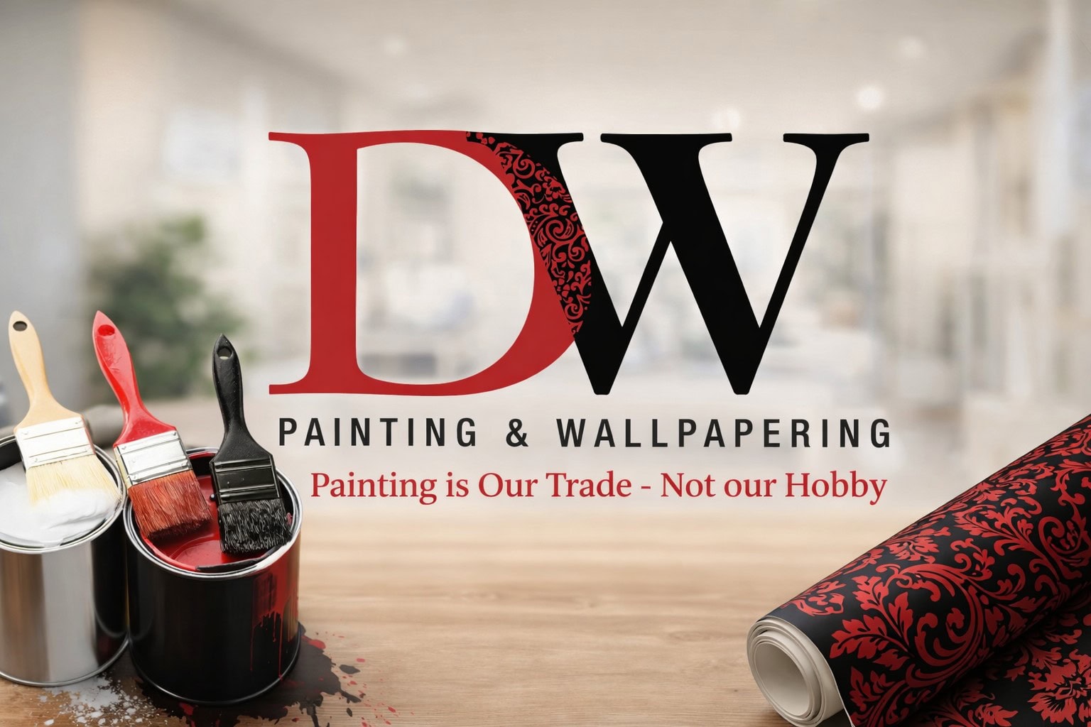 DW Painting & Wallpapering branding with slogan ‘Painting is Our Trade – Not Our Hobby’ and painting tools