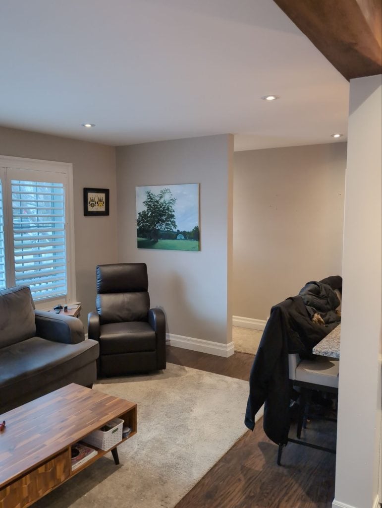 A cozy living room corner with a leather recliner, soft area rug, and neutral walls, adjacent to a dining space, with natural light coming through plantation shutters.
