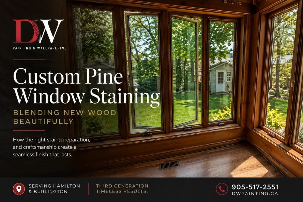 Featured image for a DW Painting & Wallpapering blog showcasing custom pine window staining in Hamilton, Ontario. Sunlit interior with professionally stained wood windows, warm natural finishes, and views of a landscaped backyard. Blog graphic includes the DW Painting & Wallpapering red and black logo with text highlighting craftsmanship, stain preparation, and seamless wood finishing.