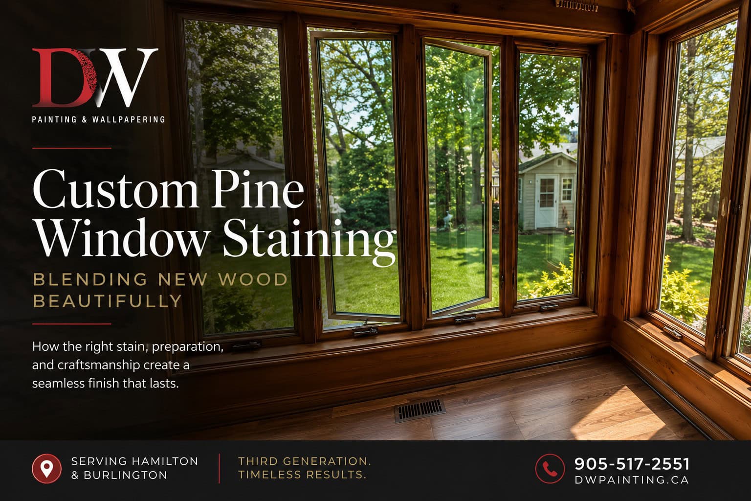 Featured image for a DW Painting & Wallpapering blog showcasing custom pine window staining in Hamilton, Ontario. Sunlit interior with professionally stained wood windows, warm natural finishes, and views of a landscaped backyard. Blog graphic includes the DW Painting & Wallpapering red and black logo with text highlighting craftsmanship, stain preparation, and seamless wood finishing.