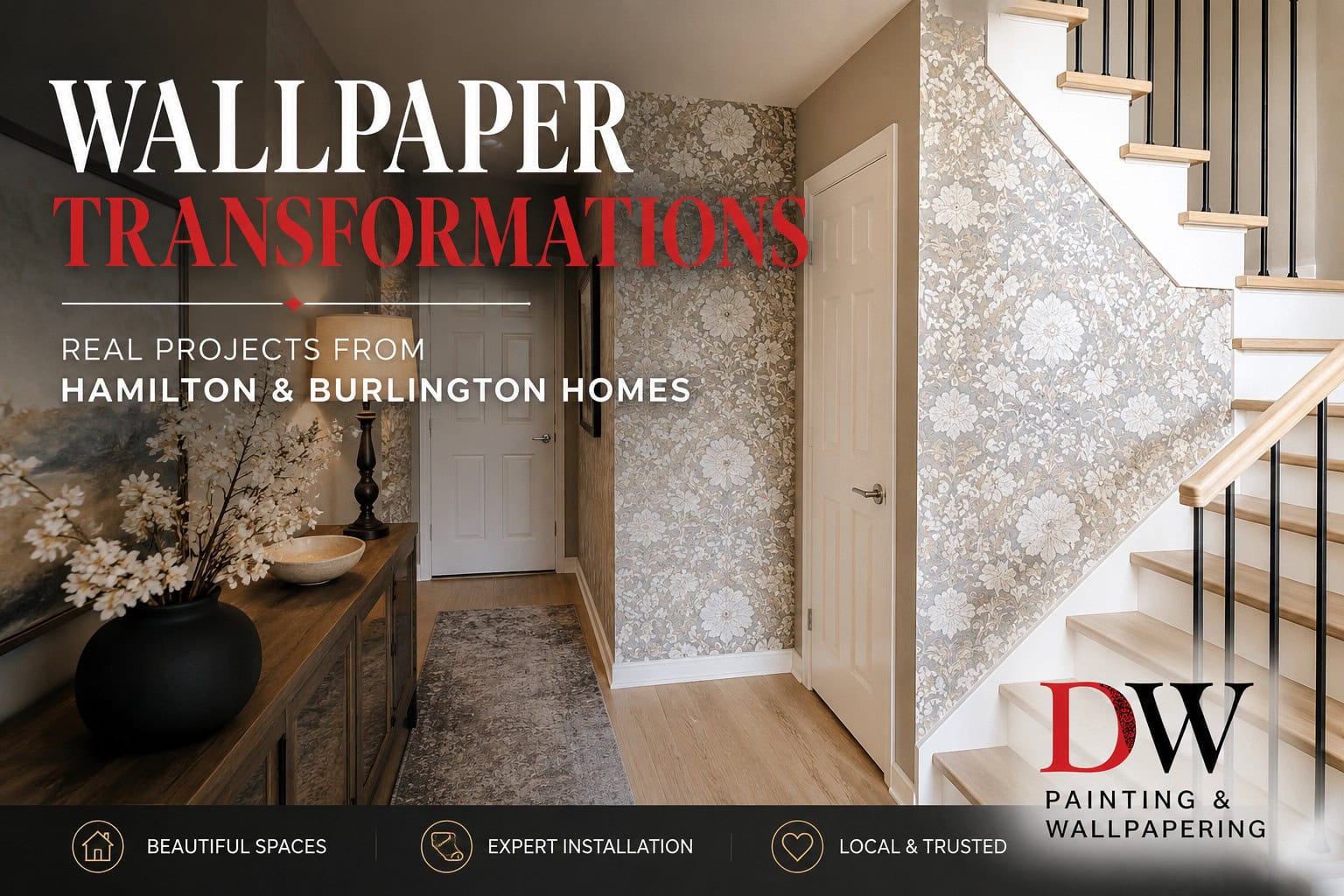 Featured image showcasing wallpaper transformations completed by DW Painting & Wallpapering, including a stylish stairway wallpaper installation in a Hamilton home with elegant floral patterns and contemporary finishes.