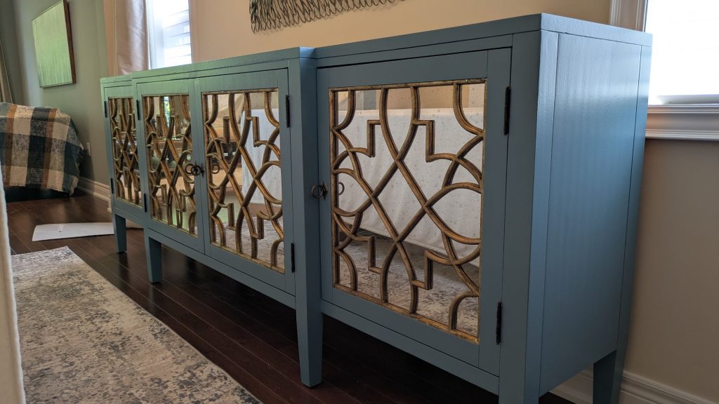 Custom blue accent cabinet professionally refinished for an Ancaster kitchen by DW Painting & Wallpapering Inc.