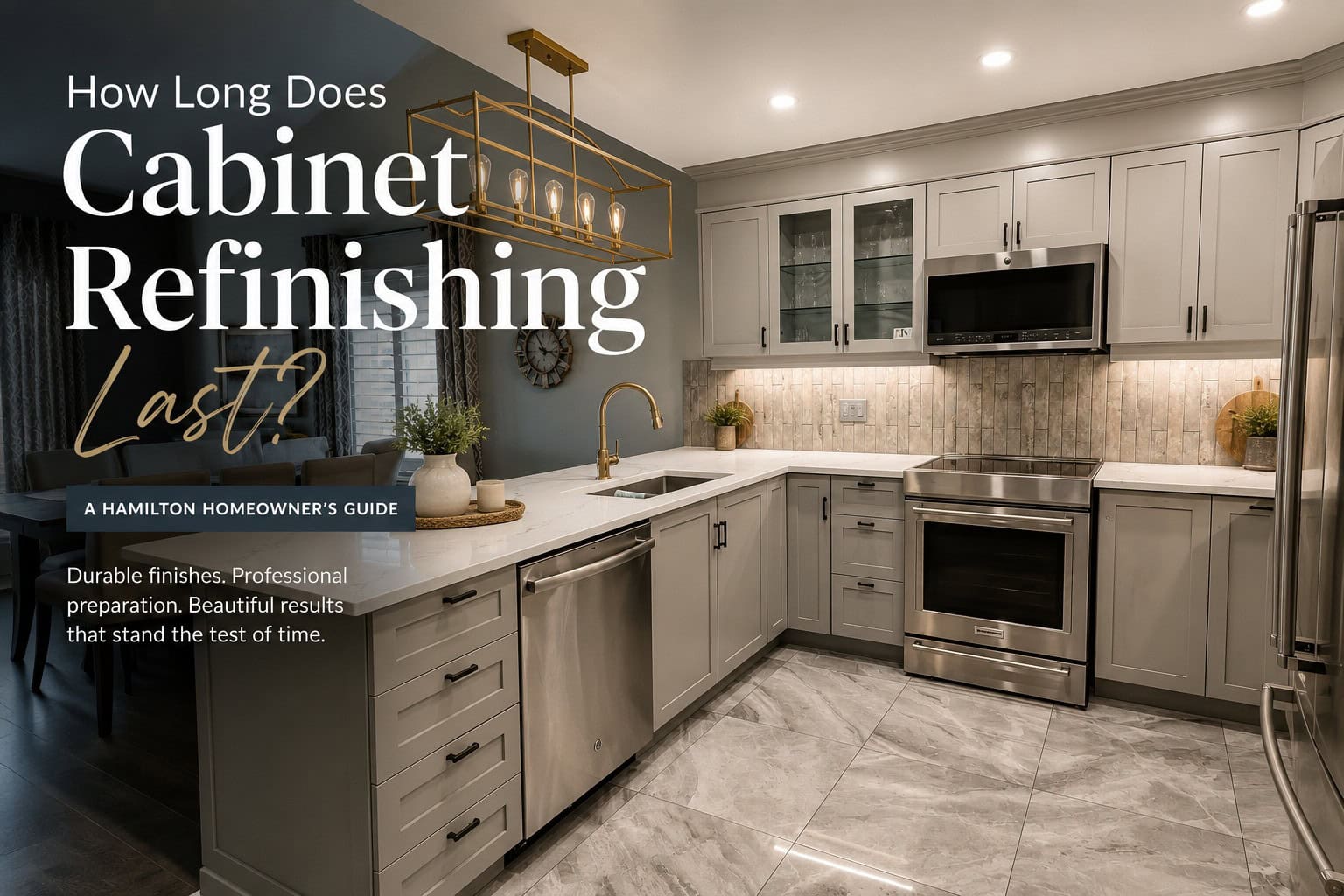 Professionally refinished grey kitchen cabinets in a Hamilton home featuring durable cabinet coatings, quartz countertops, and a modern updated finish.