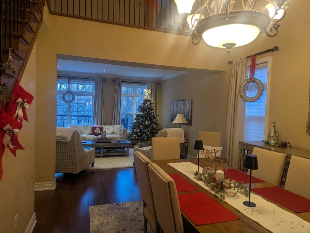 Before photo of the main floor living and dining area before interior painting in Ancaster.