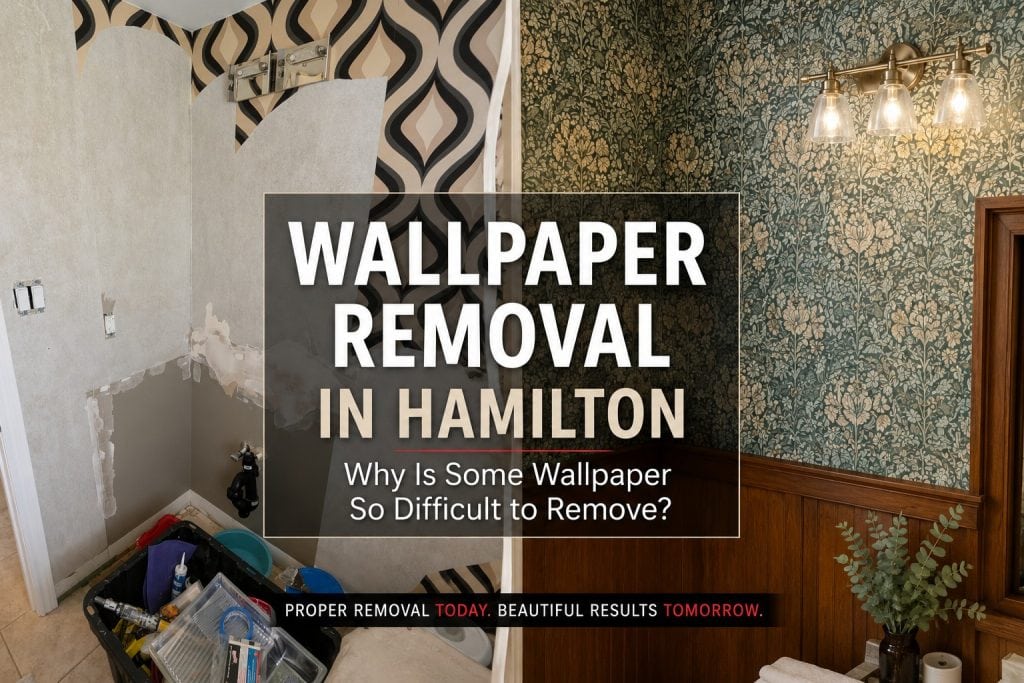 Wallpaper removal in Hamilton showing a difficult removal project alongside a professionally finished wallpaper installation.